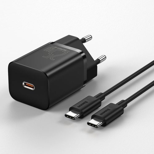 Baseus Super-Si gyorstöltő adapter, Type-C kábellel, 25W, fekete