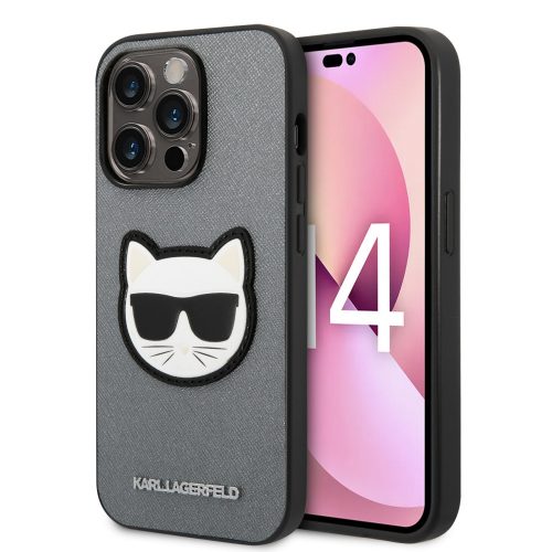 Karl Lagerfeld Saffiano Choupette Head Patch Apple iPhone 14 Pro hátlap tok, ezüst KLHCP14LSAPCHG