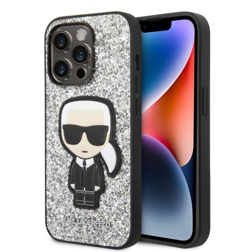 Karl Lagerfeld Glitter Flakes Ikonik Apple iPhone 14 Plus hátlap tok, ezüst KLHCP14MGFKPG