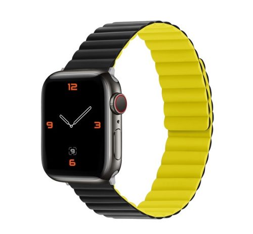 Phoner Rever Apple Watch forgatható mágneses szilikon szíj, 41/40/38mm, S/M, fekete/sárga