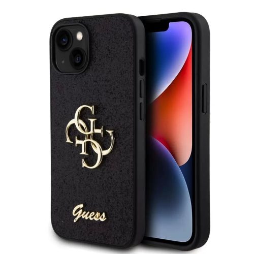 Guess Glitter Script Big 4G Apple iPhone 15 hátlap tok, fekete GUHCP15SHG4SGK