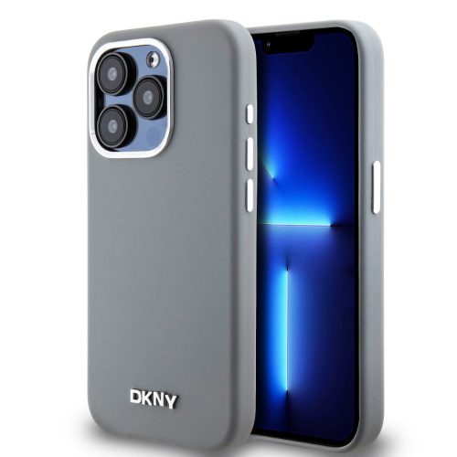 DKNY Liquid Silicone Silver Metal Logo Magsafe iPhone 15 hátlap tok, szürke DKHMP15SSMCHLG