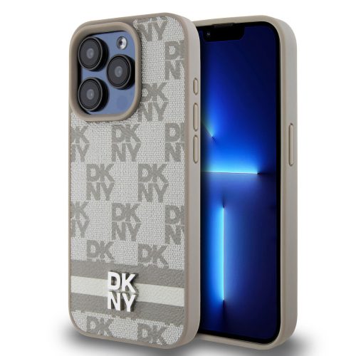 DKNY PU Leather Checkered Pattern and Stripe iPhone 13 Pro Max hátlap tok, bézs DKHCP13XPCPTSSE