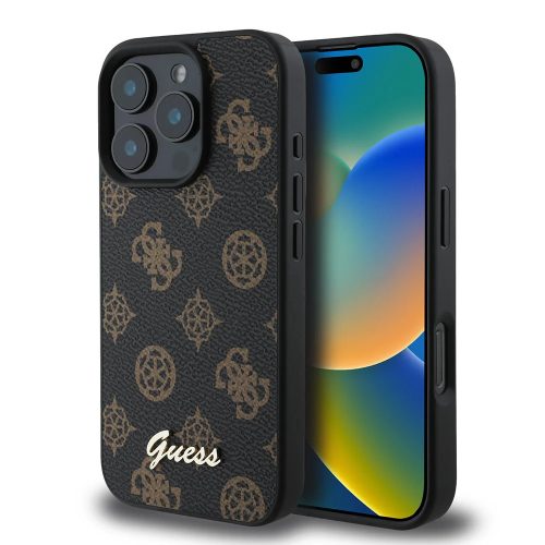 Guess Peony Script Apple iPhone 16 Pro MagSafe kompatibilis hátlap tok, fekete/barna GUHMP16LPGPYSK