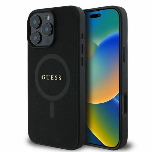 Guess MagSafe Saffiano Classic Logo Apple iPhone 16 Pro hátlap tok, fekete GUHMP16LPSAHMCK