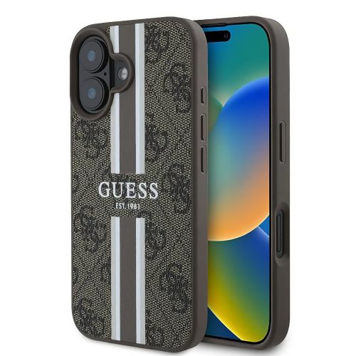 Guess 4G Printed Stripes MagSafe Apple iPhone 16 hátlap tok, barna GUHMP16SP4RPSW