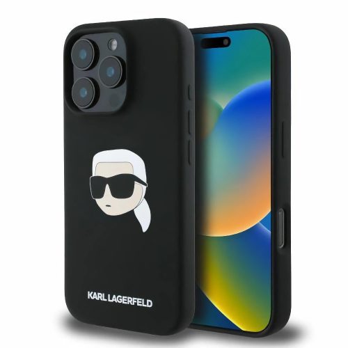 Karl Lagerfeld Liquid Silicone Karl Head MagSafe Apple iPhone 16 Pro hátlap tok, fekete KLHMP16LSKHPPLK