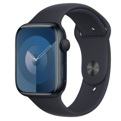 Apple Watch Series 9 GPS, 45 mm-es éjfekete alumíniumtok, éjfekete sportszíj – M/L